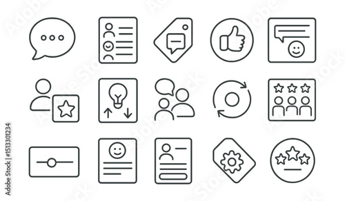 Line style icons of feedback, review and evaluation: feedback bubble icon, review form tile, project comment tag, thumbs rating icon, task reaction badge, performance review icon, idea voting tile,