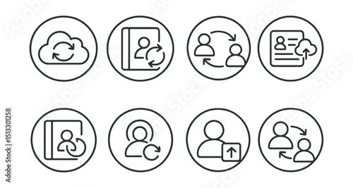 Line style icons of cloud sync: contacts sync icon, address book with sync arrows, linked contacts ring, shared people list, synced phonebook symbol, user sync badge, contact info update, profile
