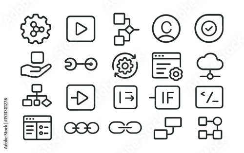 Line style icons of automation workflows and integrations: rule engine icon, action trigger tile, integration flowchart, condition node badge, task handoff icon, tool connector line, data sync engine