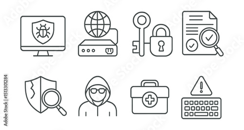 Line style icons of cybersecurity tools: antivirus software icon, network scanner, encryption key, security audit file, vulnerability scan icon, ethical hacker badge, incident response kit, keylogger