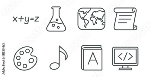 Line style icons of subject learning: math equation, science flask, world map, history scroll, art palette, musical note, language book, computer code screen.