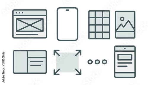 Outline with Fill vector icons of wireframing process: lo-fi layout, mobile frame, wireframe grid, image placeholder, layout block, frame arrows, navigation dots, template screen.