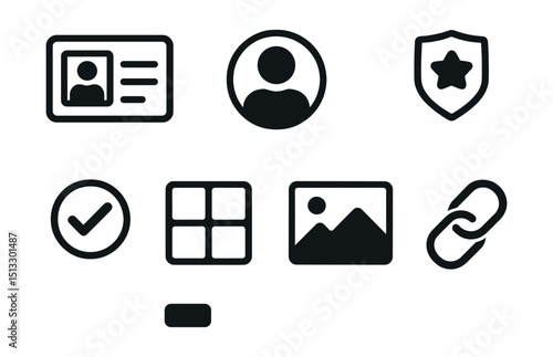 Outline with Fill icon set for freelancer profile: ID card, user face, bio lines, badge icon, verified check, portfolio grid, cover image, profile link.