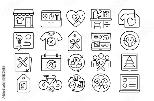 Line style icons of second-hand, reuse, and repair culture: thrift shop icon, repair toolkit, clothing mend badge, fix-it station tile, second-hand swap tag, reuse ideas board, clothes patch icon,
