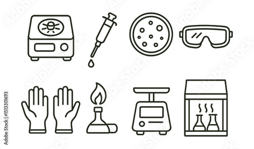 Wallpaper Mural Line style icons of laboratory equipment: centrifuge, pipette, petri dish, safety goggles, lab gloves, burner flame, lab balance, fume hood. Torontodigital.ca