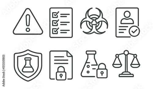 Line style icons of lab safety and ethics: lab warning sign, safety checklist, biohazard icon, ethics approval form, safety shield, non-disclosure agreement, secure sample icon, responsible research.