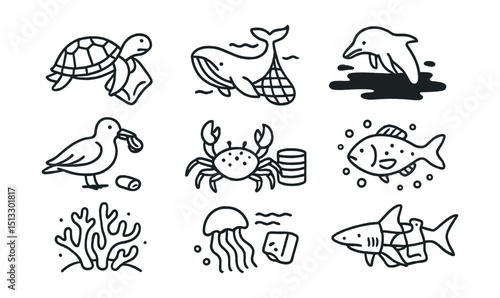 Line style icons of animals suffering from ocean pollution: sea turtle with plastic, whale near net, dolphin in oil spill, seabird with bottle cap, crab near trash, fish in microplastics, seal with