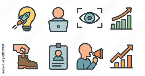 Outline with Fill vector icons of entrepreneurship symbols: startup bulb, solo laptop, vision frame, growth chart, bootstrapping, founder ID, pitch icon, leap arrow.