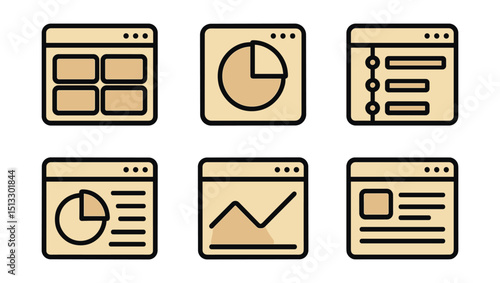 Outline with Fill vector icons of business dashboards: widget grid, pie data, timeline block, activity bar, overview panel, line chart, tag filter, report section.