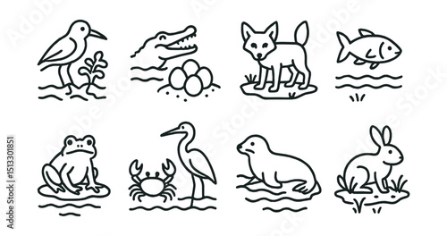 Line style icons of animals threatened by sea level rise: mangrove bird, saltwater crocodile, sea turtle nest, island fox, reef fish, wetland frog, estuary crab, heron on flooded zone, coastal seal,