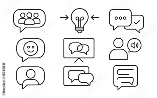 Line style icons of communication: chat bubble with team icon, idea sharing arrows, active listening badge, feedback exchange, emoji in message, open communication board, speaker avatar, reply thread