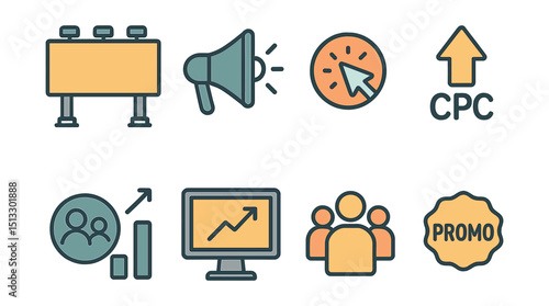 Outline with Fill vector icons of advertising visuals: billboard icon, ad megaphone, click badge, CPC arrow, social reach, marketing screen, ad group, promo stamp.