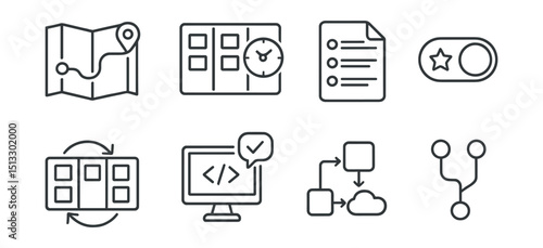 Line style icons of software development: roadmap icon, sprint planning board, backlog list, feature toggle, Agile board, code review icon, deployment process, pull request.