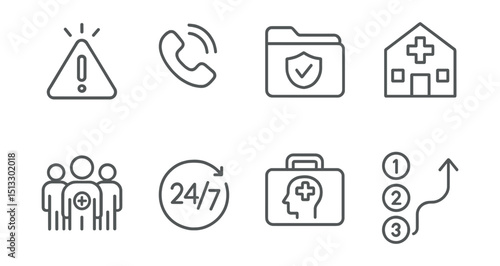 Line style icons of crisis intervention: crisis alert triangle, emergency call icon, safety plan folder, hospital support icon, intervention team, 24/7 support badge, mental first aid kit, emergency