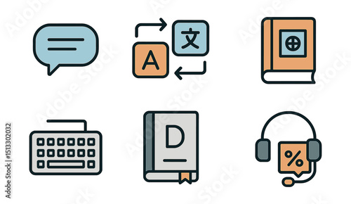 Outline with Fill vector icons of language learning: speech bubble, translation icon, alphabet grid, language book, typing board, dictionary, headset mic, grammar card.