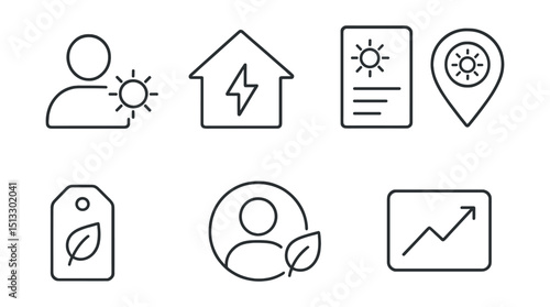 Line style icons of sustainable energy: energy user avatar icon, household consumption profile, account usage history, location-specific energy card, behavior tag layout, green role in app, energy