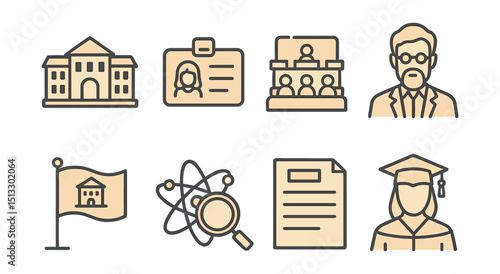 Outline with Fill vector icons of university visuals: campus building, student card, lecture hall, professor, university flag, research icon, syllabus sheet, cap-and-gown.