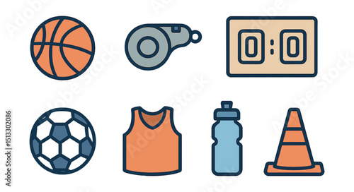 Outline with Fill vector icons of school sports: basketball, whistle, running shoes, scoreboard, soccer ball, jersey, water bottle, field cone.