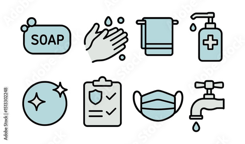 Outline with Fill icon set for hygiene practices: soap bar, washing hands, towel, sanitizer bottle, clean icon, hygiene rules, face mask, water tap.
