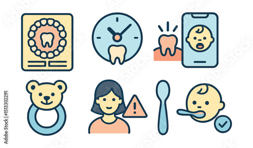 Outline with Fill style icons of baby teething monitoring: eruption chart, molar countdown, gum swelling icon, teething app, baby chew toy, caregiver alert, soft spoon, feeding tip.