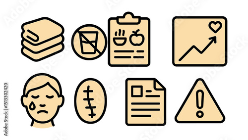 Outline with Fill icon set for post-op instructions: gauze icon, no rinse sign, soft food list, healing chart, swelling tip, suture care, instruction doc, recovery alert.
