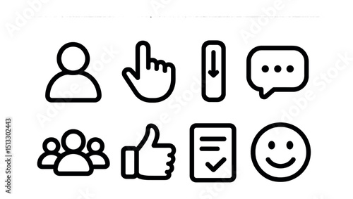 Outline with Fill style icons of user interaction visuals: user avatar, click cursor, scroll icon, chat bubble, user group, thumbs up, activity log, dashboard face.