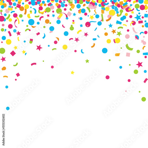 Colorful confetti and party decorations raining down on a white background for festive celebrations