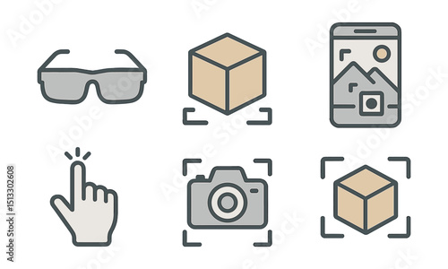 Outline with Fill vector icons of AR tools in freelance work: AR glasses, 3D object, tracking marker, real-world overlay, hand gesture, camera scan, layout grid, AR icon.