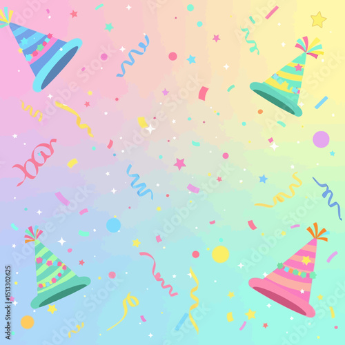 Colorful party background with confetti streamers and festive hats in pastel tones