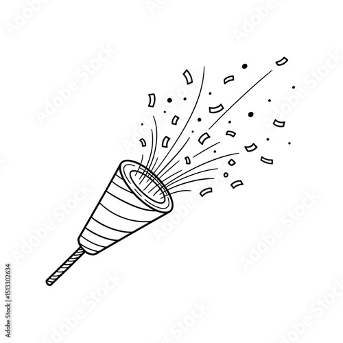 Black and white illustration of a party popper with confetti exploding outwards in celebration