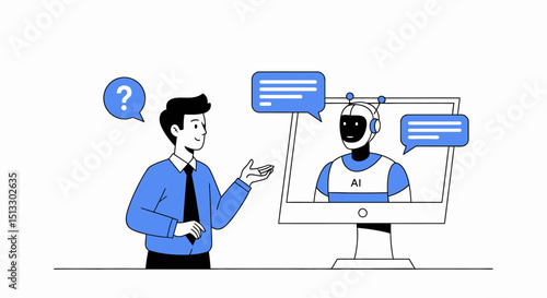Illustration of a man interacting and communicating with an ai robot on a computer screen for digital assistance