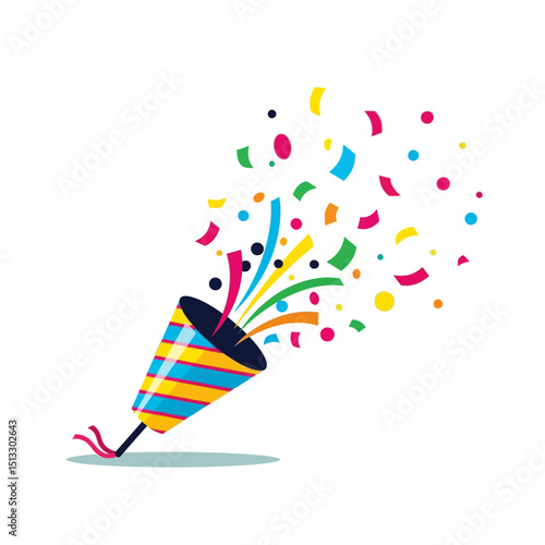 Colorful party popper exploding with vibrant confetti and celebration elements on white background