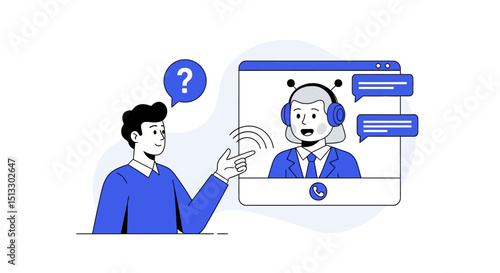 Illustration of a person asking questions during a virtual customer support chat interaction