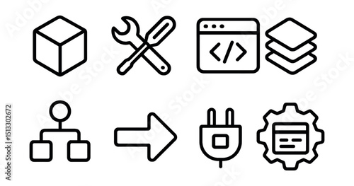 Outline with Fill icon set for tech frameworks: structure cube, toolset icon, dev library, layer stack, logic map, dependency arrow, plugin block, module config.
