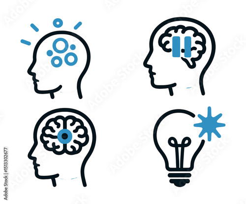 Two-Color vector icons of mental productivity: clear mind icon, pause and reflect, brain focus, creativity spark. Mind map, reflection note, thought clarity, digital breathing.