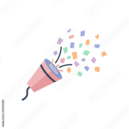 Illustration of a party popper releasing colorful confetti shapes into the air