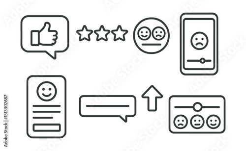 Line style icons of social media: feedback icon, post rating stars, sentiment poll badge, reaction slider screen, story feedback form, suggestion input icon, viewer mood tracker.