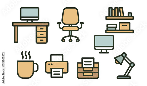 Outline with Fill style icons of office environment: desk setup, swivel chair, computer monitor, shelf icon, coffee cup, printer, document tray, lamp.