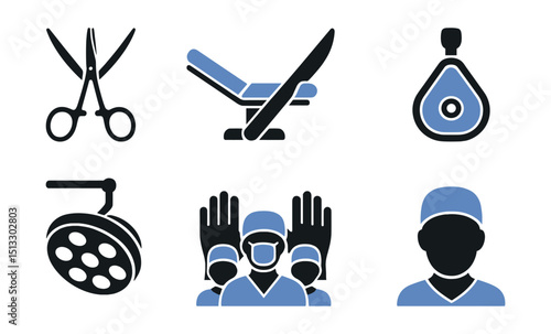 Two-Color vector icons of surgery: surgical tools, operating table, scalpel icon, anesthesia mask. Surgical light, sterile gloves, OR team, surgical cap.