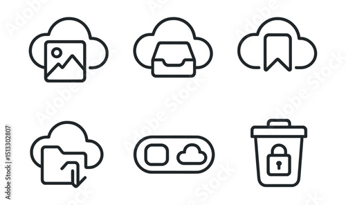 Line style icons of social media: cloud storage for content, post archive in cloud, story save to cloud badge, backup media folder, cross-device access toggle, private draft bin.