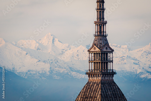 Fototapeta Naklejka Na Ścianę i Meble -  Torino landscape with the iconic Mole Antonelliana and the Intesa Sanpaolo skyscraper.