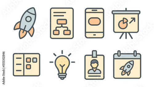 Outline with Fill style icons of startup ecosystem: rocket icon, lean plan, MVP screen, pitch deck, agile board, product idea, investor badge, launch day.