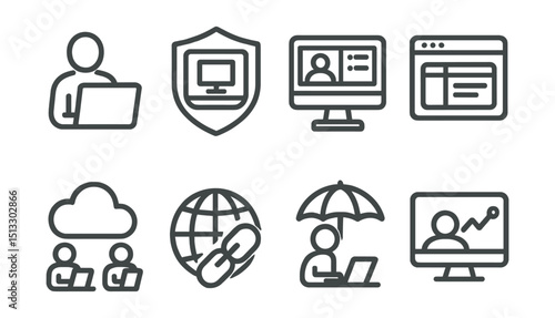 Line style icons of remote work: virtual workspace icon, remote desktop badge, multitasking screen layout, project tabs open, shared workspace cloud, remote access link, work from anywhere symbol,