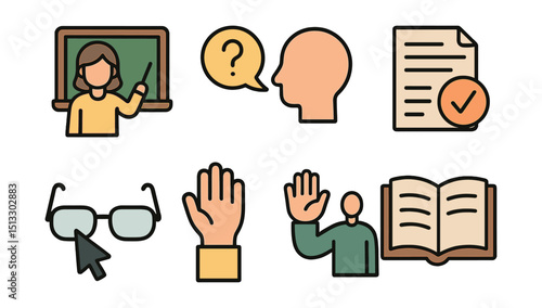 Outline with Fill style icons of teacher roles: teacher at board, explanation icon, grading sheet, glasses, pointer tool, hand raised, lesson book, speech bubble.