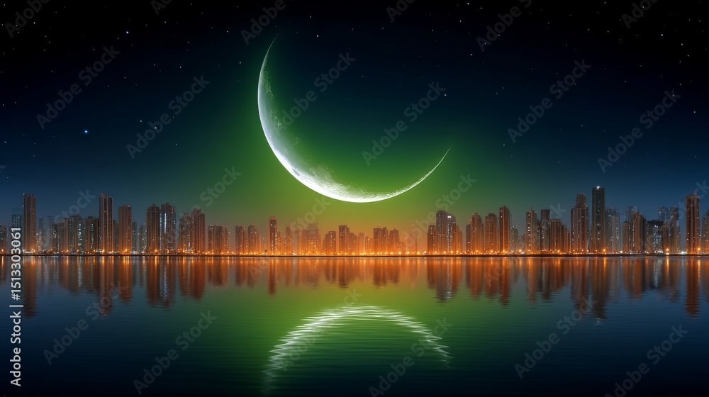 Fototapeta premium Half Moon Rising Over a Modern City Skyline Reflected in Calm Waters at Twilight