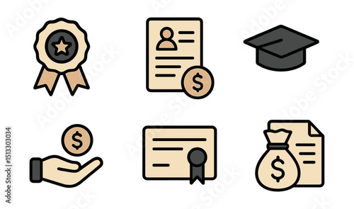 Outline with Fill style icons of scholarship program: award ribbon, dollar icon, application form, scholarship hat, financial aid, certificate icon, funding bag, document stack.