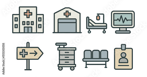 Outline with Fill vector icons of hospital infrastructure: hospital building, ER entrance, hospital bed, monitor screen, signage, med cart, waiting bench, visitor pass.