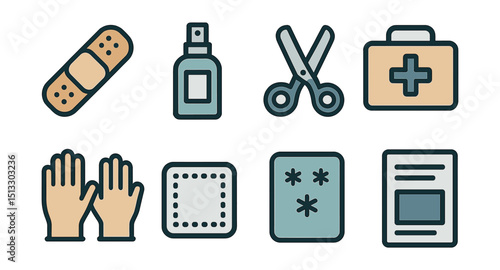 Outline with Fill vector icons of first aid essentials: bandage, antiseptic, scissors, first aid box, gloves, gauze pad, cold pack, instruction sheet.