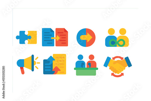 Flat vector icons of company merger: puzzle pieces, contract merging, shared brand, synergy icon, press release, joint press icon, merging buildings, handshake with arrows.