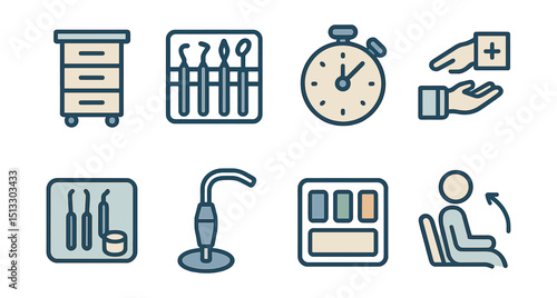 Outline with Fill icon set for chairside efficiency: mobile cart, instrument cassette, procedure timer, nurse handoff, tray layout, suction holder, color coding, ergonomics icon.